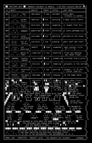 spreadsheet-gothic-bestiary-v1, drawn on the grid.